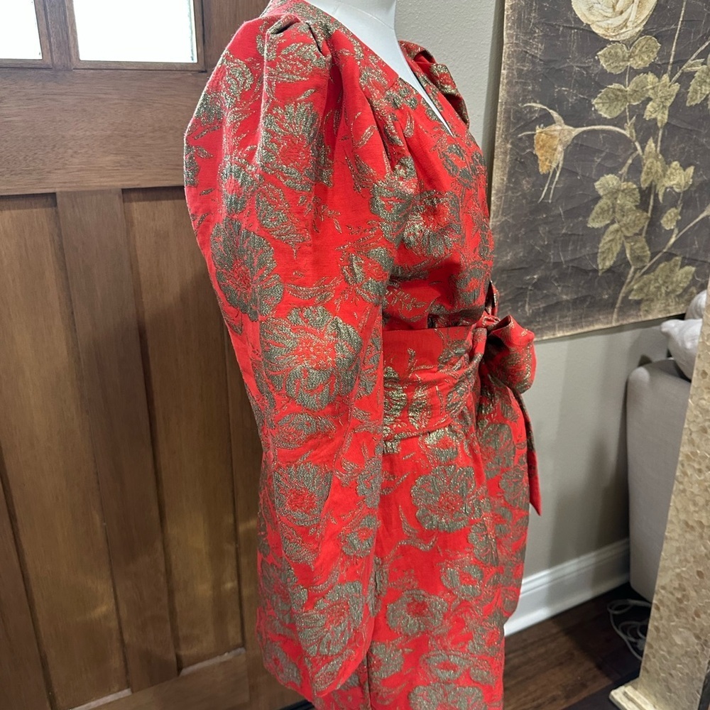 Happy x Nature Red & Gold Brocade Wrap Dress Size 8 Puff Sleeve Holiday - Picture 5 of 11